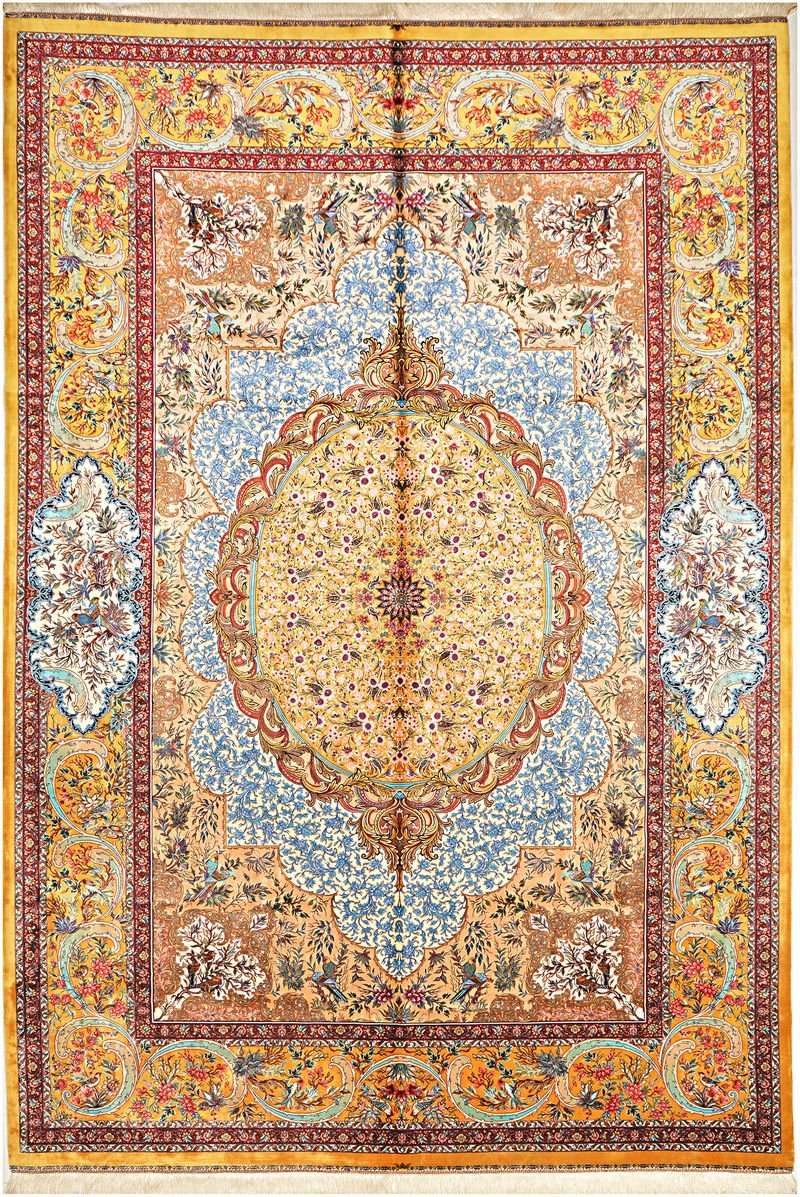 Turkish Area Rug – Gold Field with Ornate Central Medallion Design, Hand-Knotted Silk-Wool Rug, 9'6" x 6'7" | Rug 40038 - Carpetery