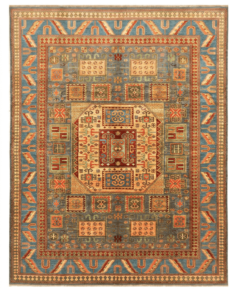 Super Kazak Area Rug – Blue Field with Bold Octagonal Medallion, Hand-Knotted Wool, 13'6" x 9'11" (412 x 303 cm) | Rug 38100 - Carpetery