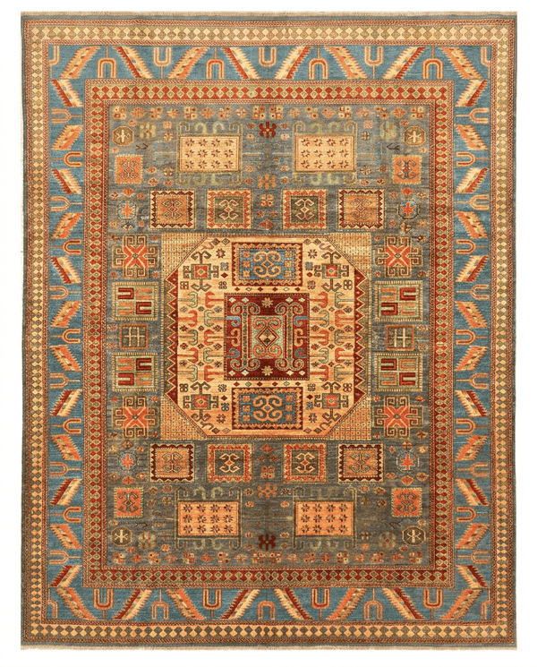 Super Kazak Area Rug – Blue Field with Bold Octagonal Medallion, Hand-Knotted Wool, 13'6" x 9'11" (412 x 303 cm) | Rug #38100