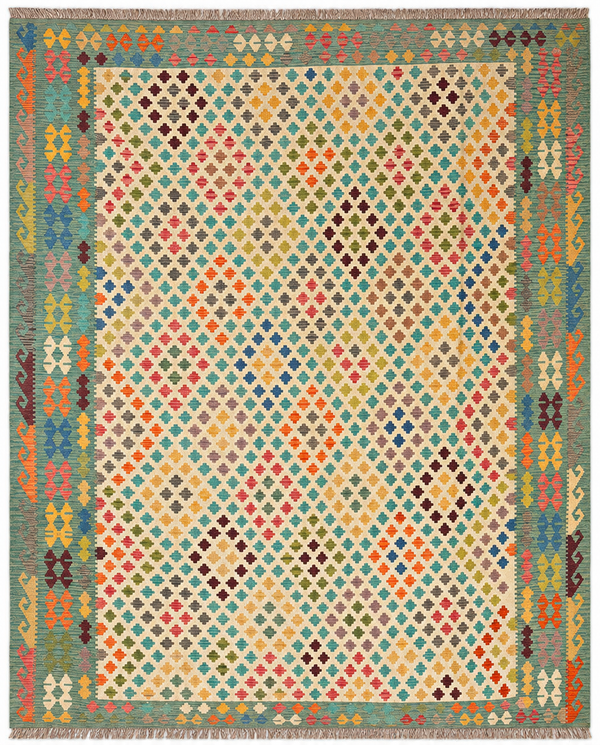 Kilim Area Rug – Ivory Multicolor Diamond Pattern, Handwoven Flatweave Rug, 12'9" x 10'1" | Rug #42277