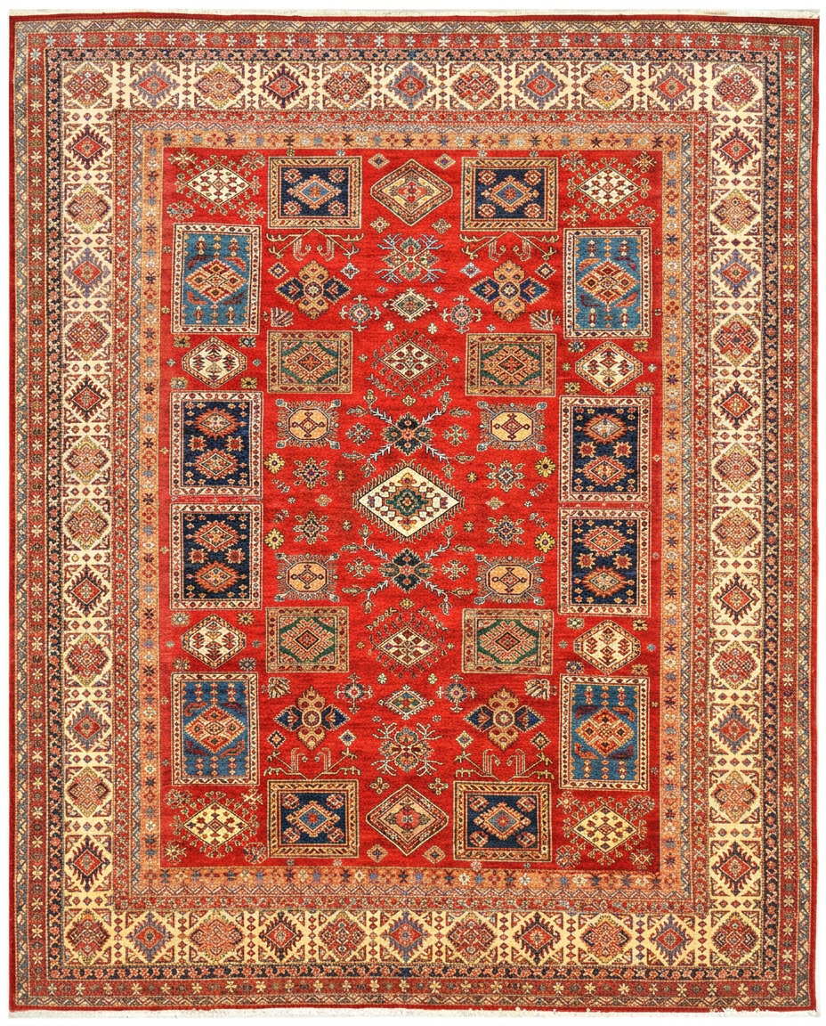 Kazak Area Rug – Bold Red Field with Tribal Diamond Medallion, Hand-Knotted Wool, 13'1" x 9'9" (400 x 298 cm) | Rug #38387