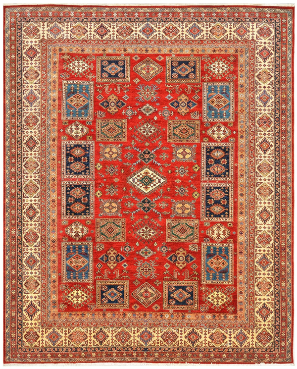 Kazak Area Rug – Bold Red Field with Tribal Diamond Medallion, Hand-Knotted Wool, 13'1" x 9'9" (400 x 298 cm) | Rug #38387