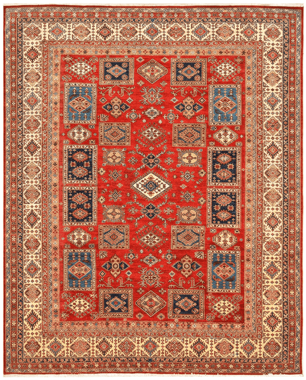 Kazak Area Rug – Bold Red Field with Tribal Diamond Medallion, Hand-Knotted Wool, 13'1" x 9'9" (400 x 298 cm) | Rug #38387