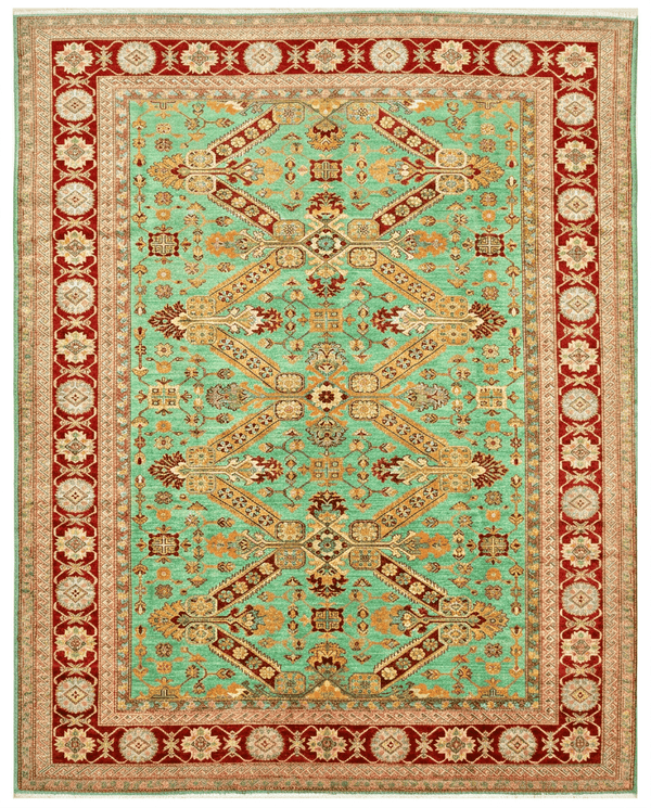 Super Kazak hand-knotted wool area rug in mint green, red and gold-ivory, 12'6 x 9'1 - top-down view