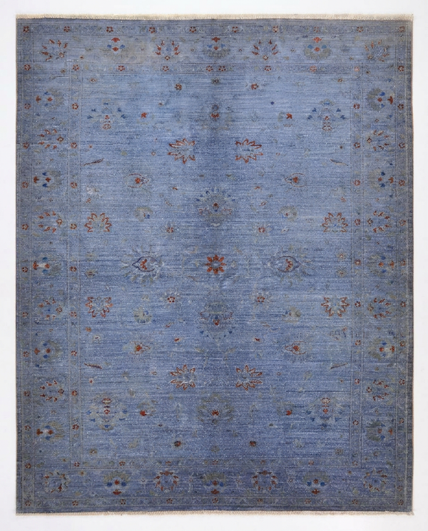 Cornflower blue over-dyed hand-knotted wool area rug, 8'11 x 6'2 - top-down view