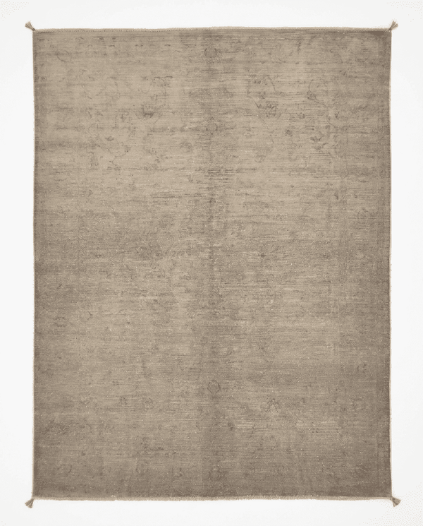Grey-beige over-dyed hand-knotted wool area rug, 9'9 x 6'7 - top-down view