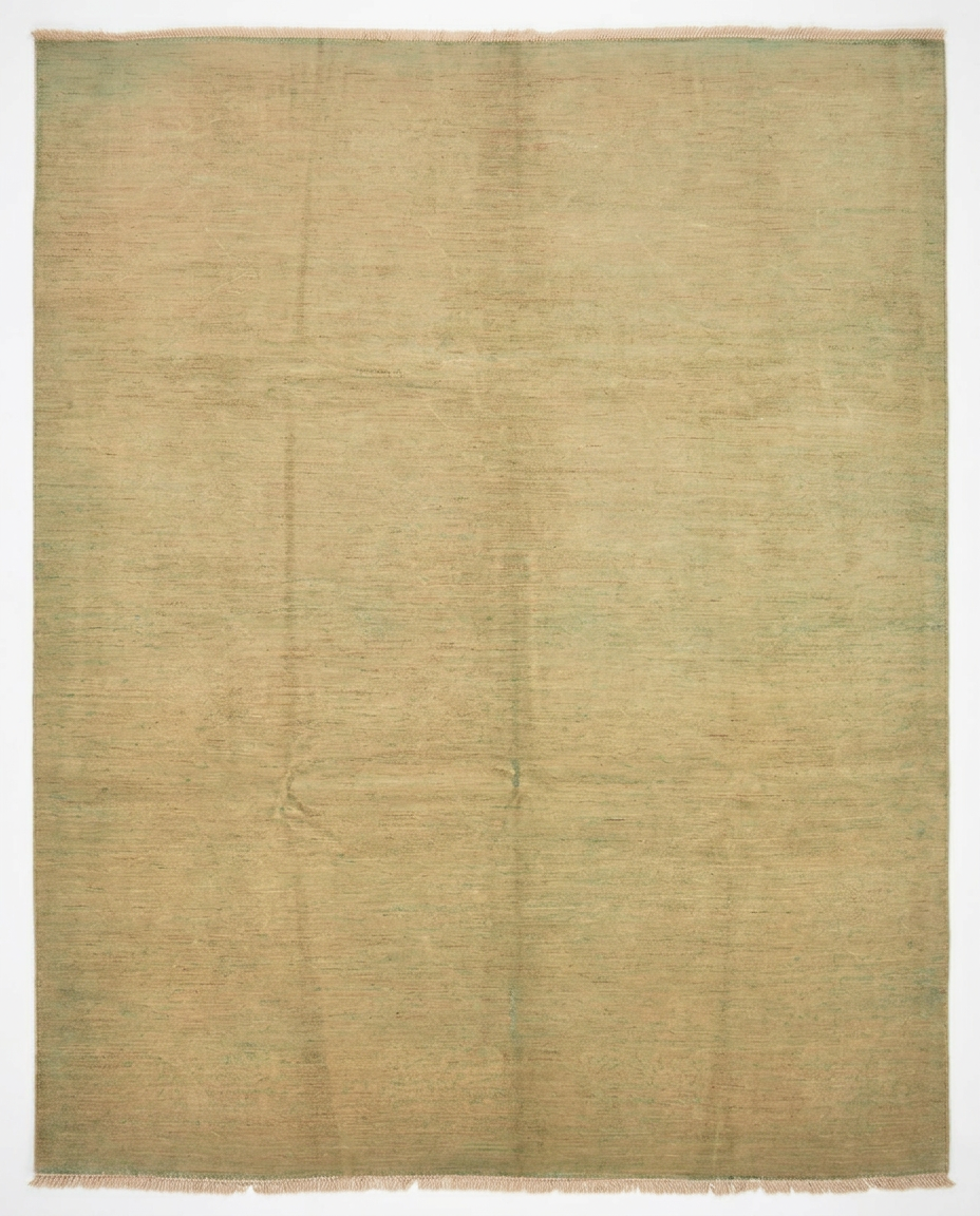 Sandy beige over-dyed hand-knotted wool area rug, 12'2 x 8'8 - top-down view