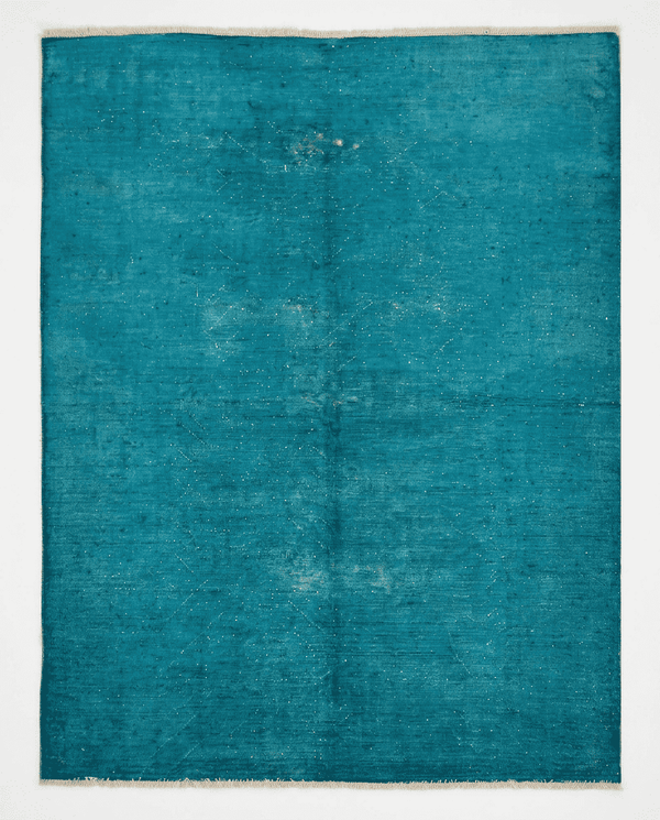 Turquoise over-dyed hand-knotted wool area rug, 9'6 x 6'5 - top-down view