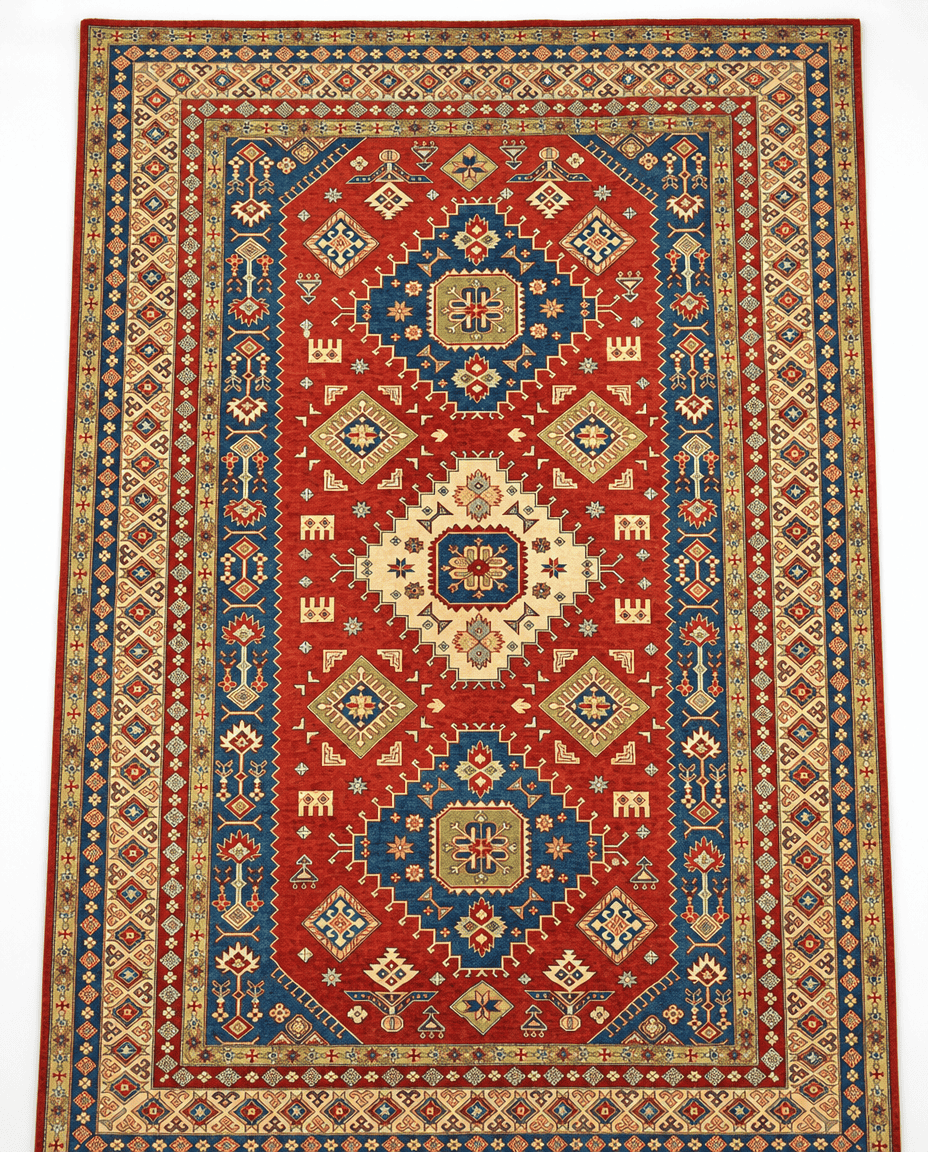 Kazak Area Rug – Red Field with Triple Medallion Tribal Design, Hand-Knotted Wool Rug, 15'9" x 9'10" | Rug 41451 - Carpetery