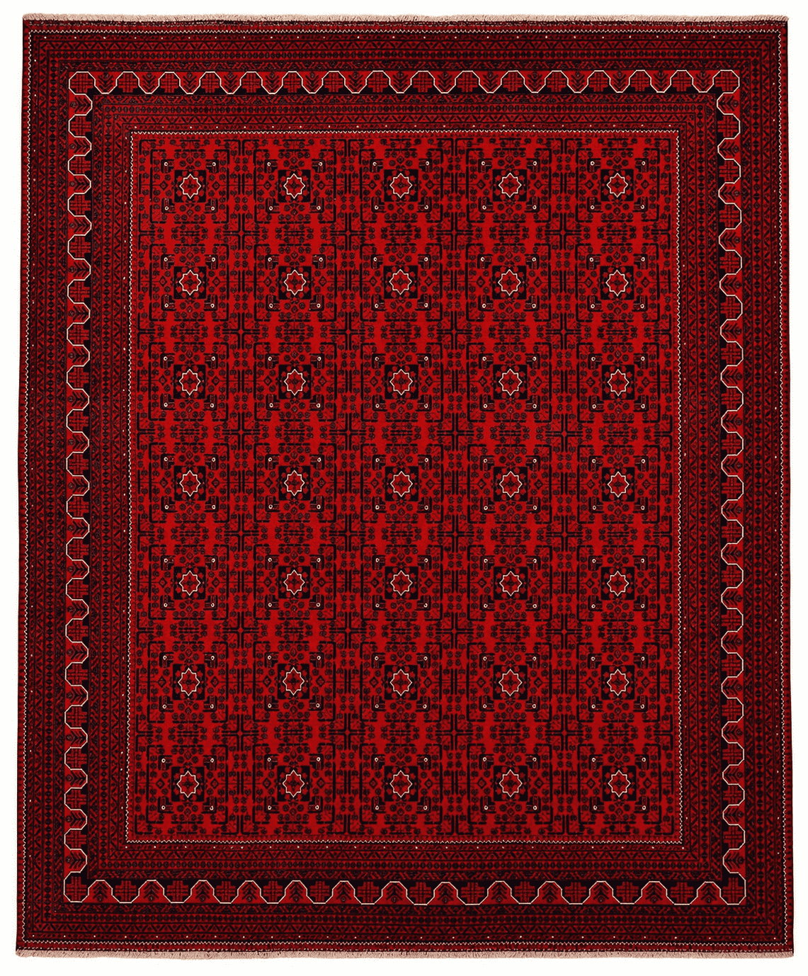 Khamyab Area Rug – Rich Red Field with All-Over Geometric Grid Design, Hand-Knotted Wool Rug, 12'7" x 9'11" (384 x 303 cm) | Rug 40844 - Carpetery