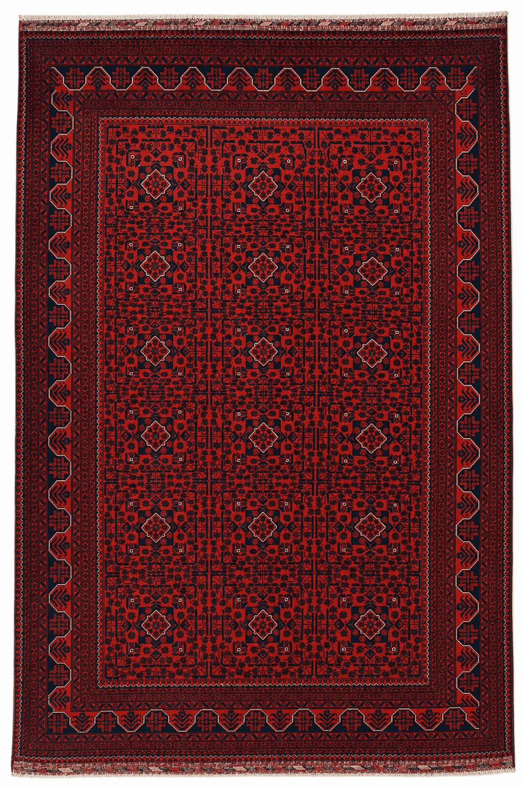 Khamyab Area Rug – Deep Red Field with All-Over Geometric Medallion Design, Hand-Knotted Wool Rug, 9'7" x 6'6" (293 x 198 cm) | Rug 46823 - Carpetery