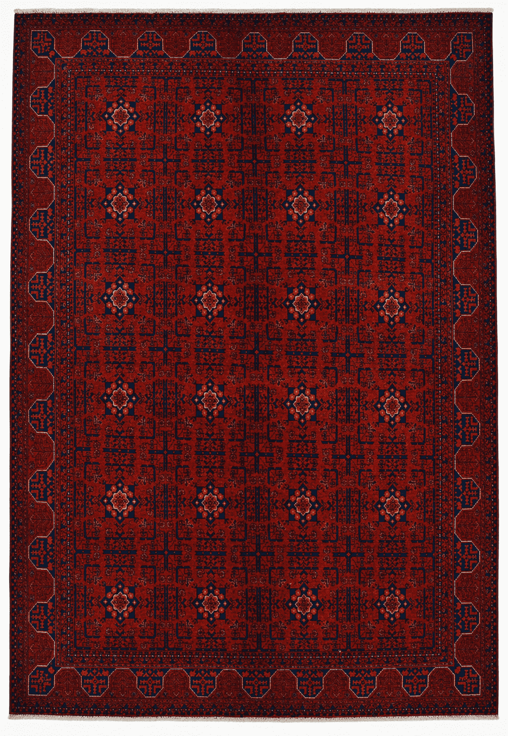 Khamyab Area Rug – Deep Red Field with All-Over Star Medallion Grid Design, Hand-Knotted Wool Rug, 9'7" x 6'6" (292 x 198 cm) | Rug 49101 - Carpetery