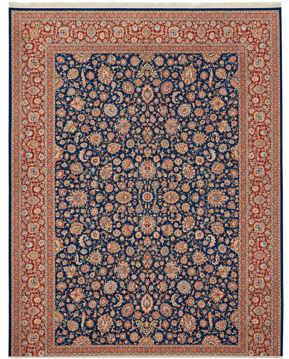 Turkish Area Rug – Navy Blue All-Over Floral Design, Hand-Knotted Silk-Wool Rug, 11'7" x 8'2" | Rug 35842 - Carpetery
