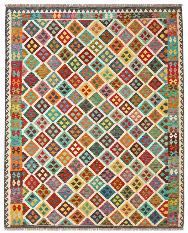 Kilim Area Rug – Colorful Diamond Lattice Design, Handwoven Flatweave Rug, 12'9" x 10'2" (388 x 310 cm) | Rug #37903