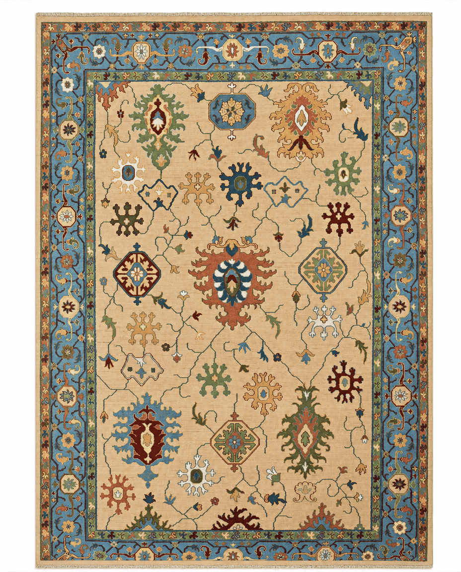 Oushak Area Rug – Sandy Gold Field with Bold Leaf Medallion Design, Hand-Knotted Wool Rug, 14'7" x 10'0" | Rug 44150 - Carpetery