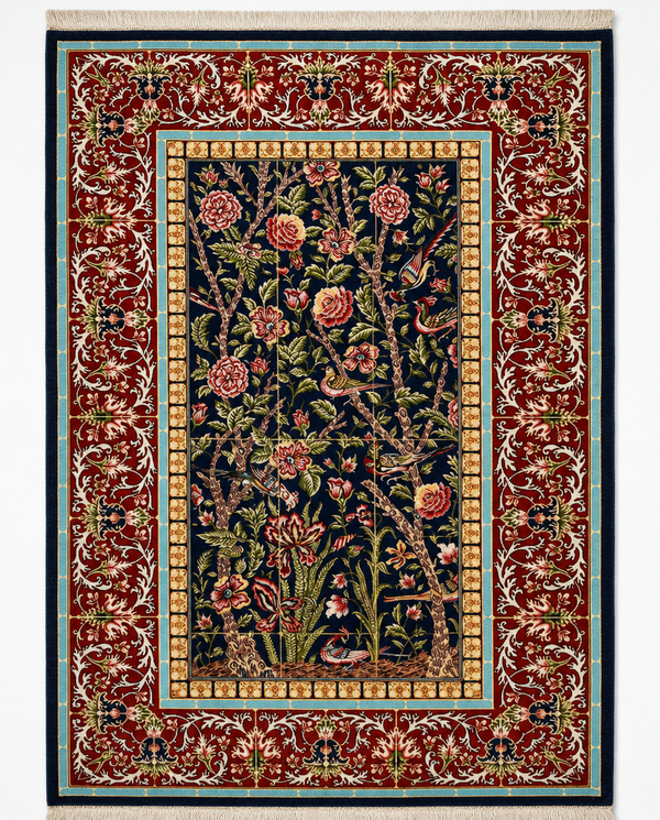 Turkish Tree of Life Area Rug – Bird & Blossom Pictorial Design, Hand-Knotted Silk-Wool Rug, 4'10" x 3'3" | Rug #36241