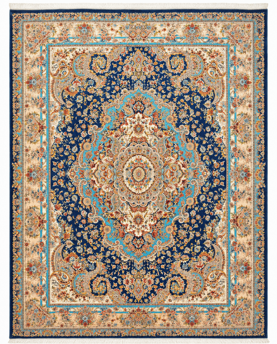 Turkish Area Rug – Navy Blue Floral Medallion Design, Hand-Knotted Silk-Wool Rug, 13'1" x 9'9"| Rug 35837 - Carpetery