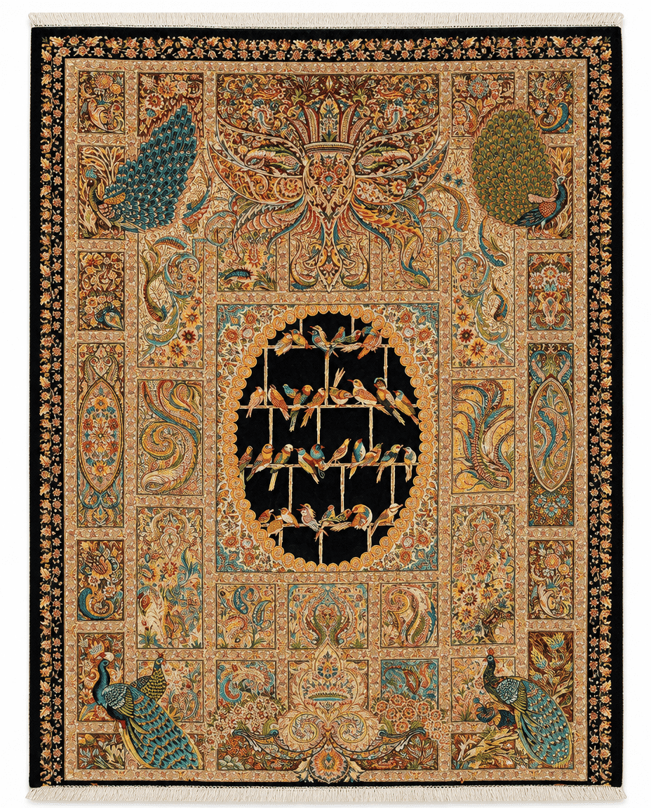 Turkish Peacock Pictorial Area Rug – Birds on Branches Medallion Design, Hand-Knotted Silk-Wool Rug, 4'9" x 3'3" (146 x 100 cm) | Rug 36258 - Carpetery