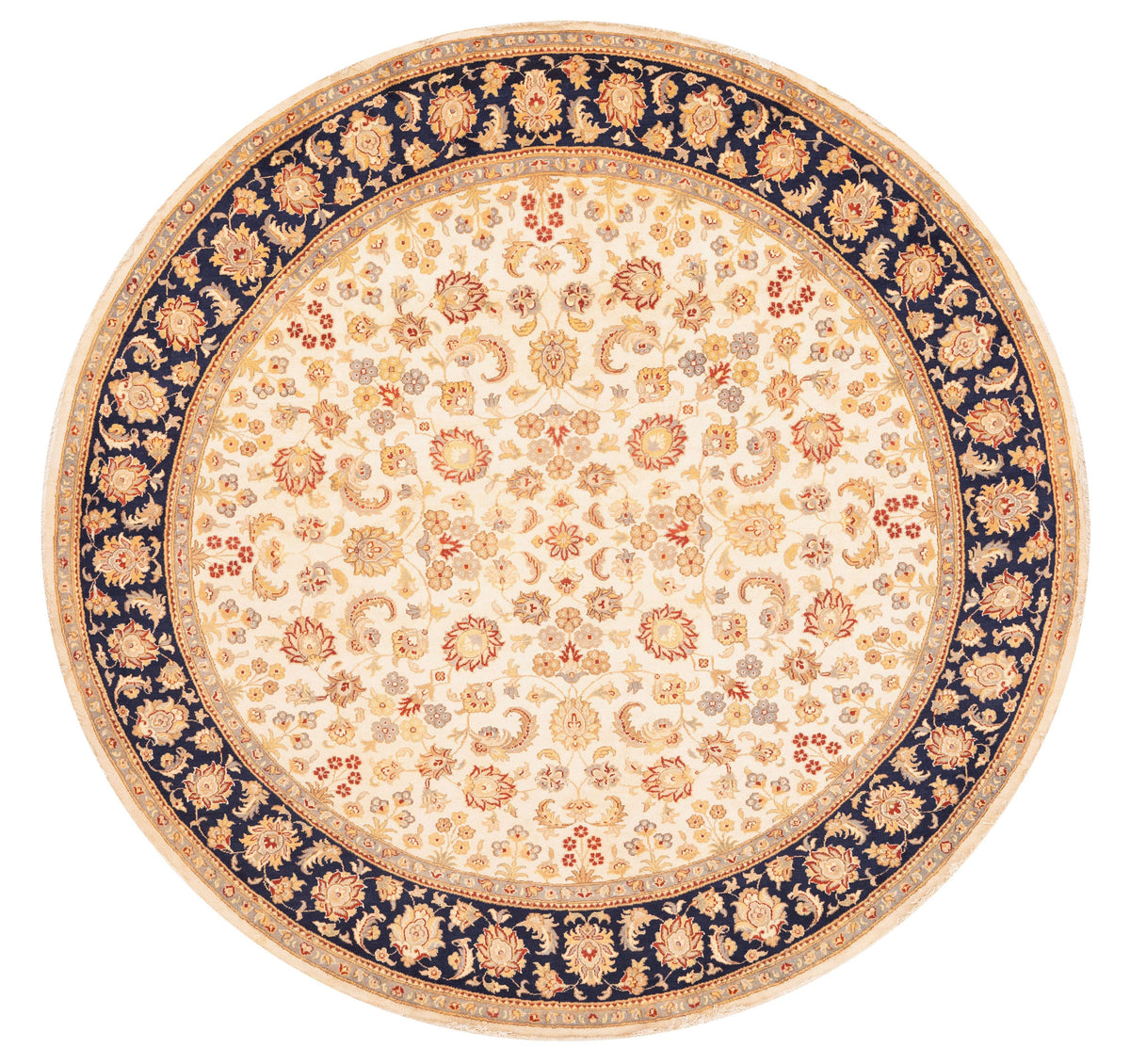 Sootri Hand-Knotted Silk Round Area Rug in Ivory & Navy, 8'1 x 8'0