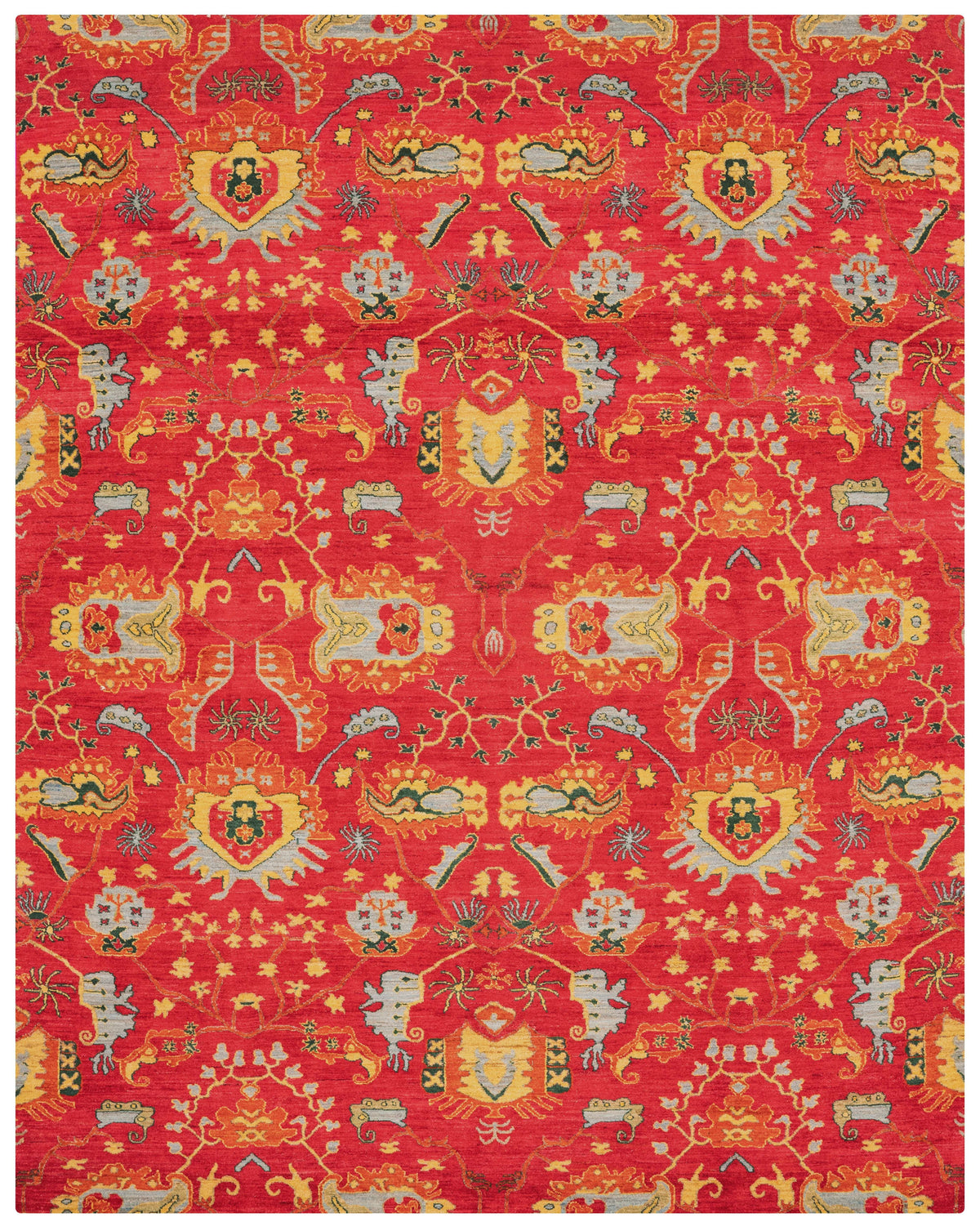 Suzani Hand-Knotted Wool Area Rug in Crimson Red, 9'1 x 6'0