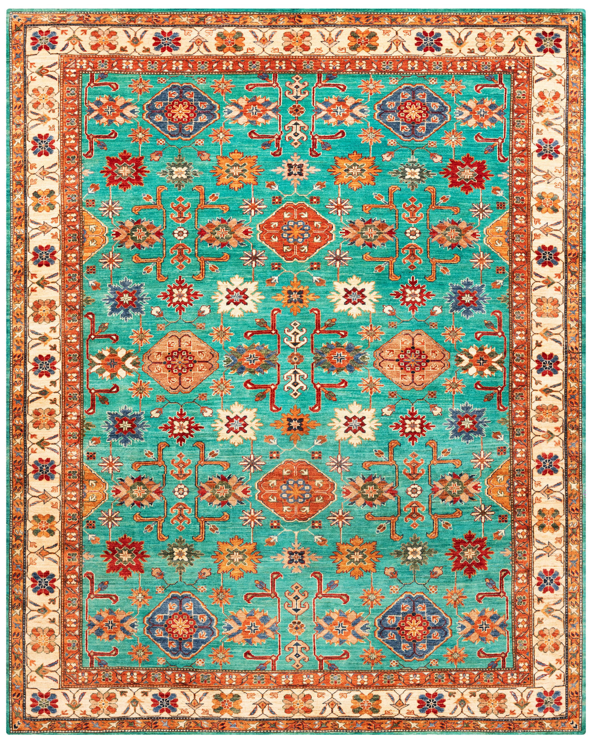 Super Kazak Hand-Knotted Wool Area Rug in Turquoise, 10'1 x 8'0