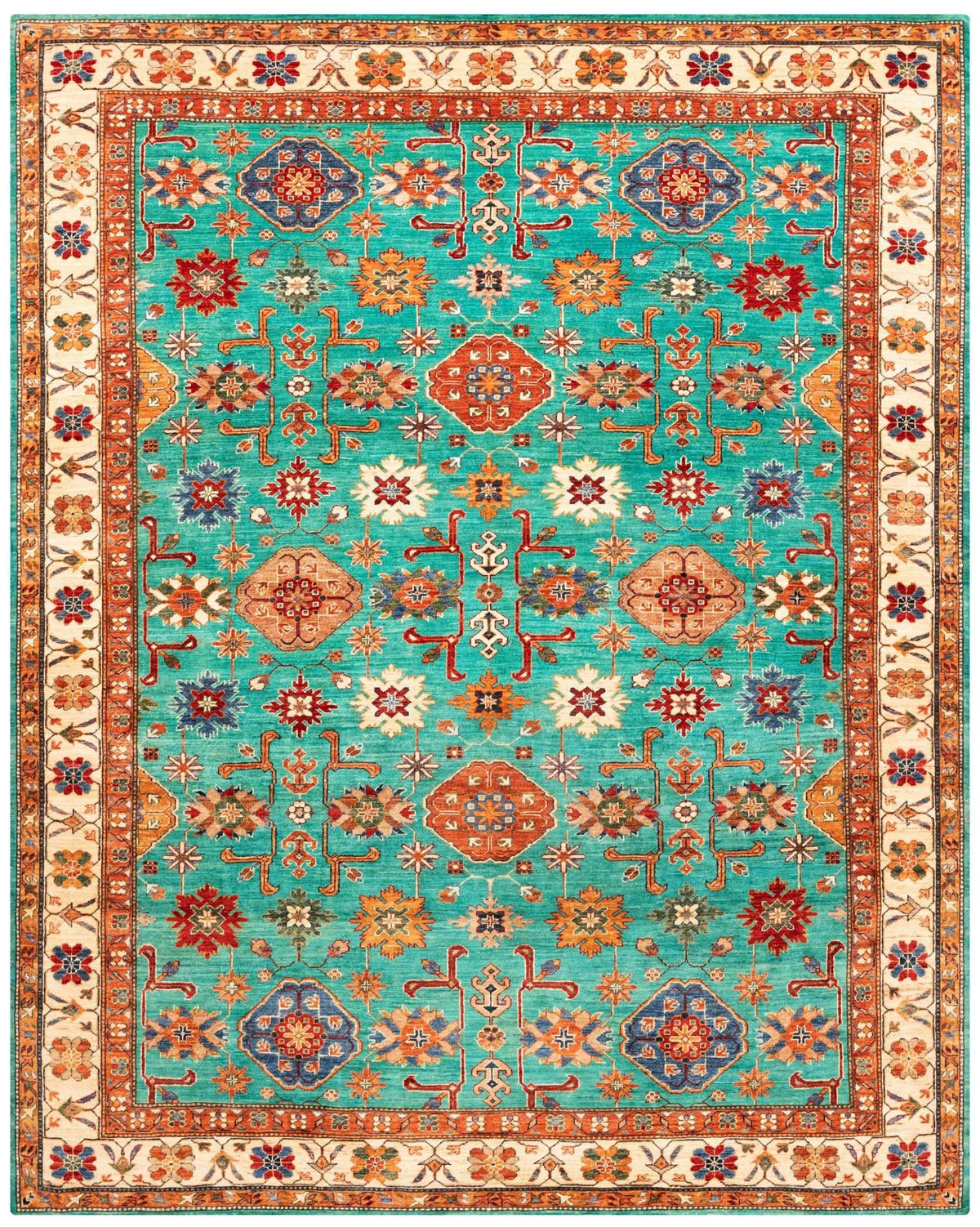 Super Kazak Hand-Knotted Wool Area Rug – Turquoise, 10'1" x 8'0" | Carpetery - Carpetery