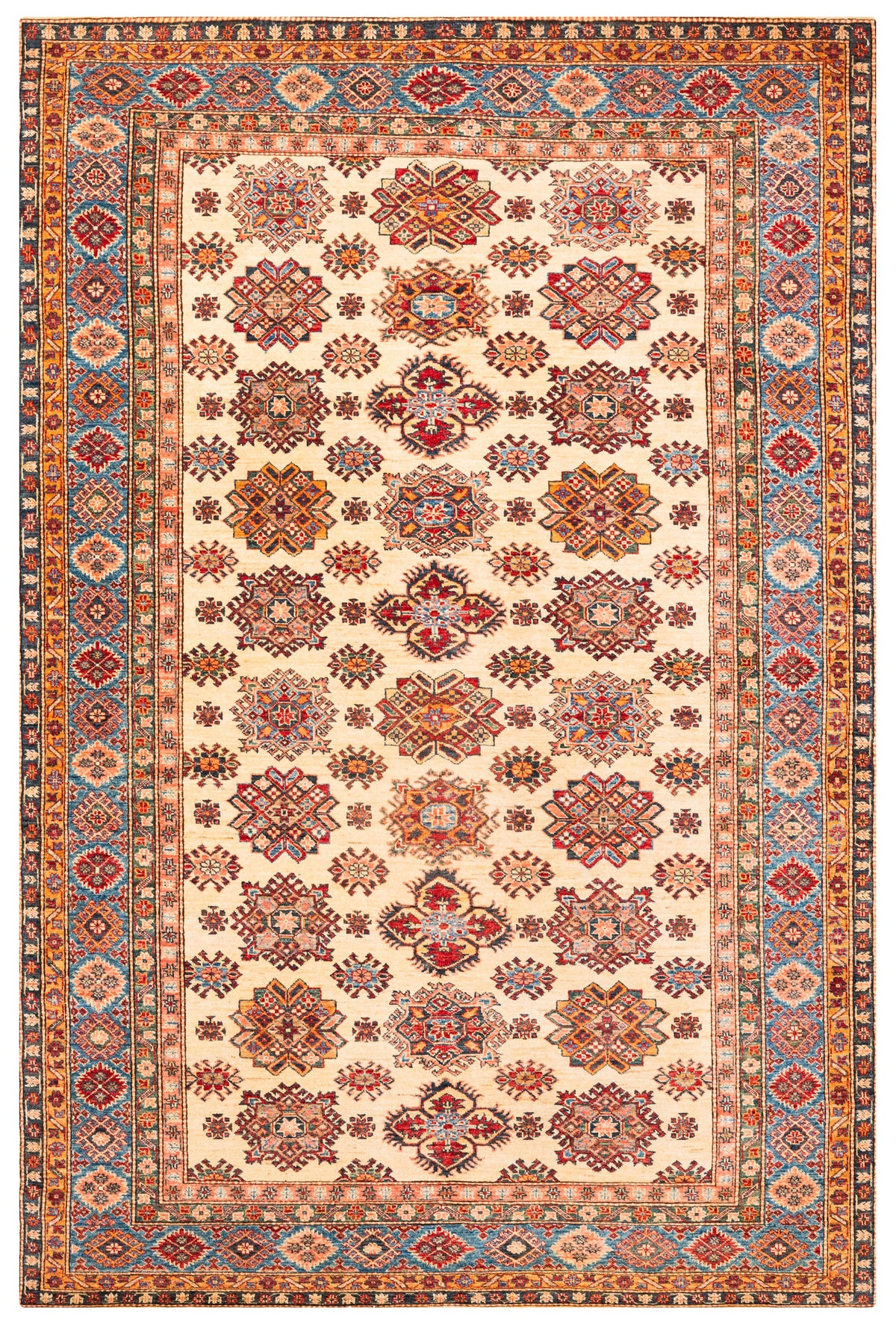 Super Kazak Hand-Knotted Wool Area Rug in Ivory & Rust, 9'4 x 6'0