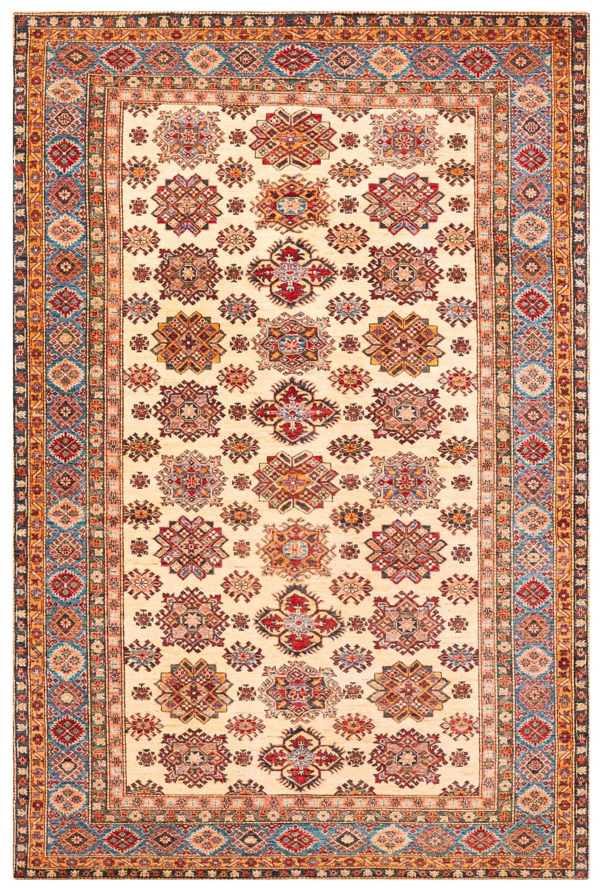 Super Kazak Hand-Knotted Wool Area Rug – Ivory & Rust, 9'4" x 6'0" | Carpetery - Carpetery