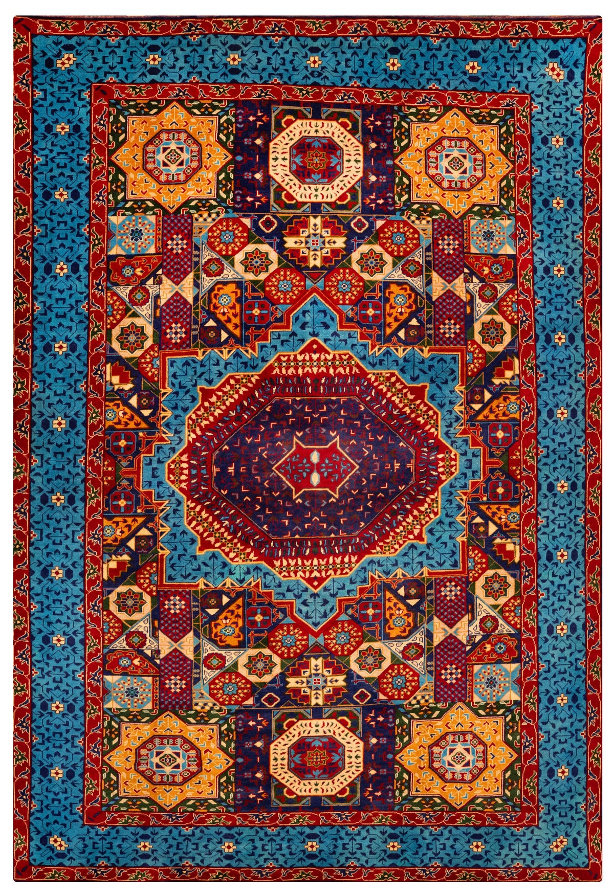 Turkmani Hand-Knotted Wool Area Rug in Red, 9'10 x 6'7