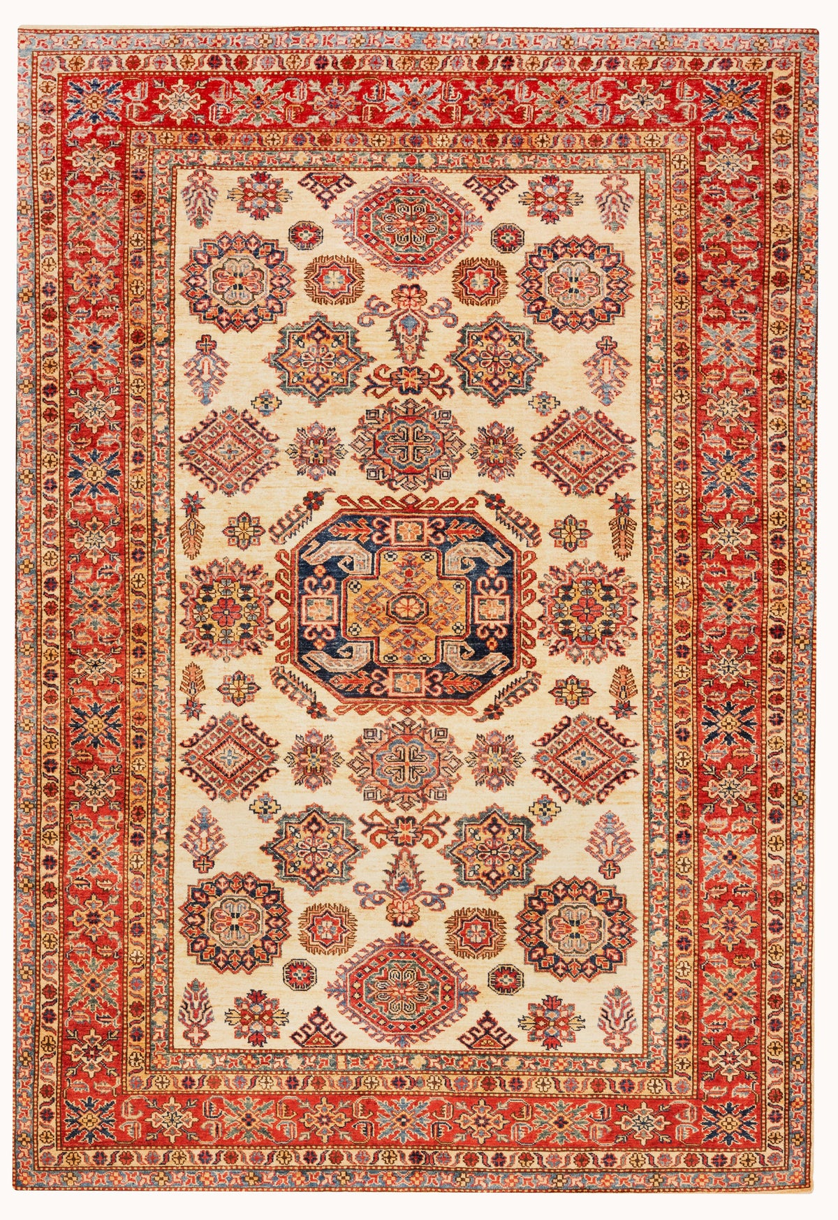 Super Kazak Hand-Knotted Wool Area Rug in Red & Ivory, 9'0 x 6'0
