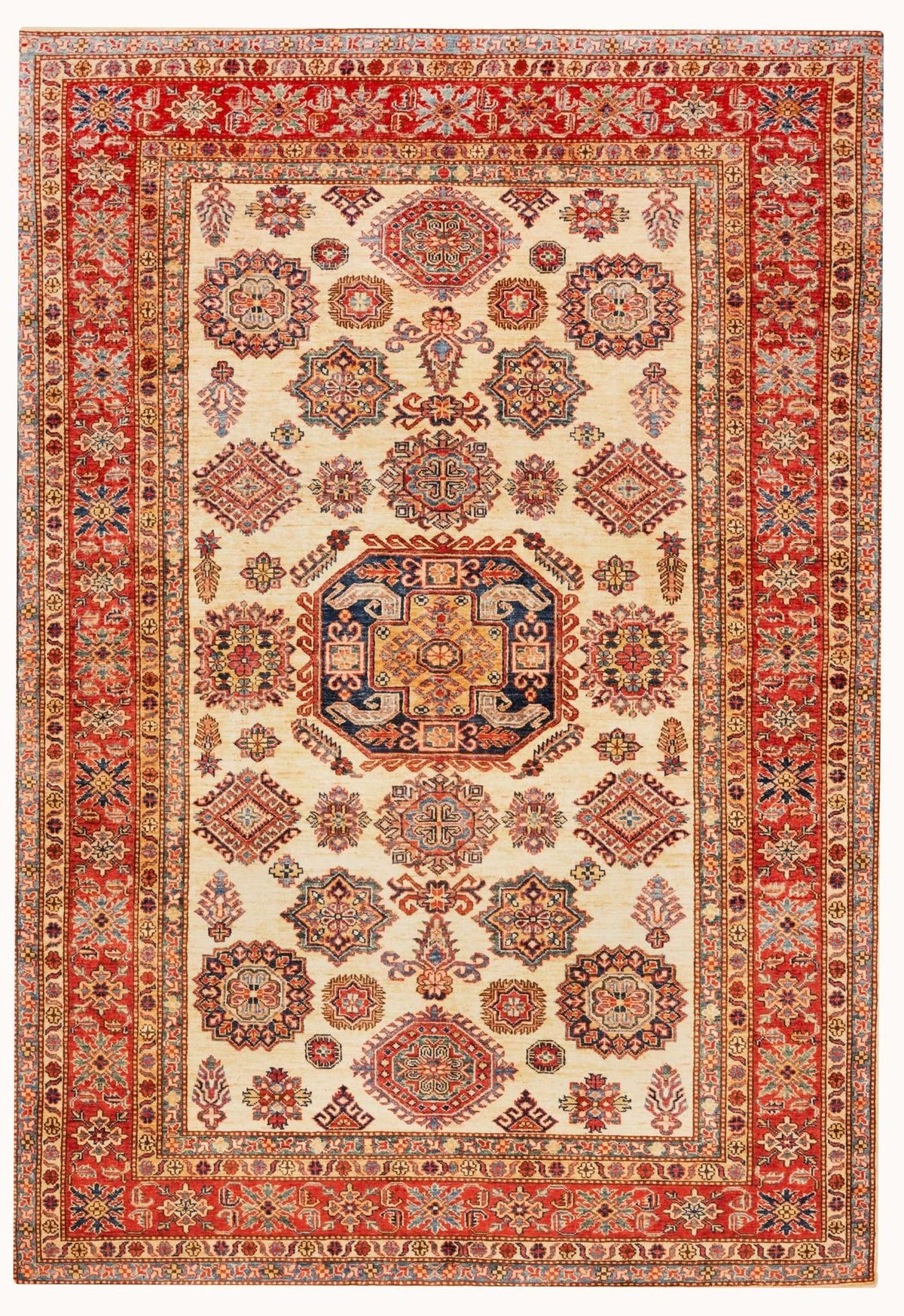 Super Kazak Hand-Knotted Wool Area Rug – Red & Ivory, 9'0" x 6'0" | Carpetery - Carpetery