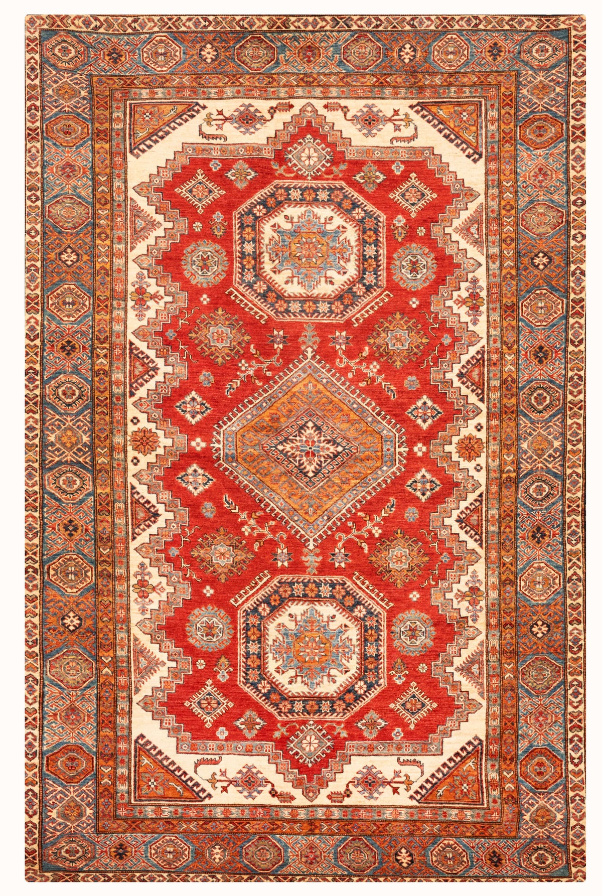 Super Kazak Hand-Knotted Wool Area Rug in Red & Ivory, 9'7 x 6'0