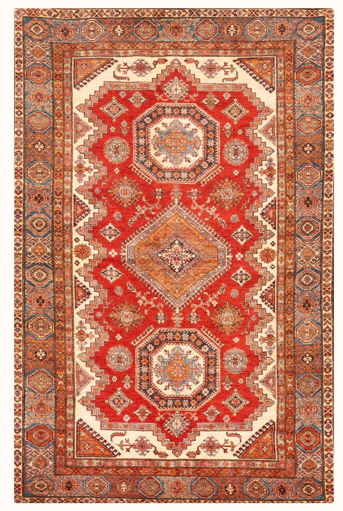 Super Kazak Hand-Knotted Wool Area Rug – Red & Ivory, 9'7" x 6'0" | Carpetery - Carpetery