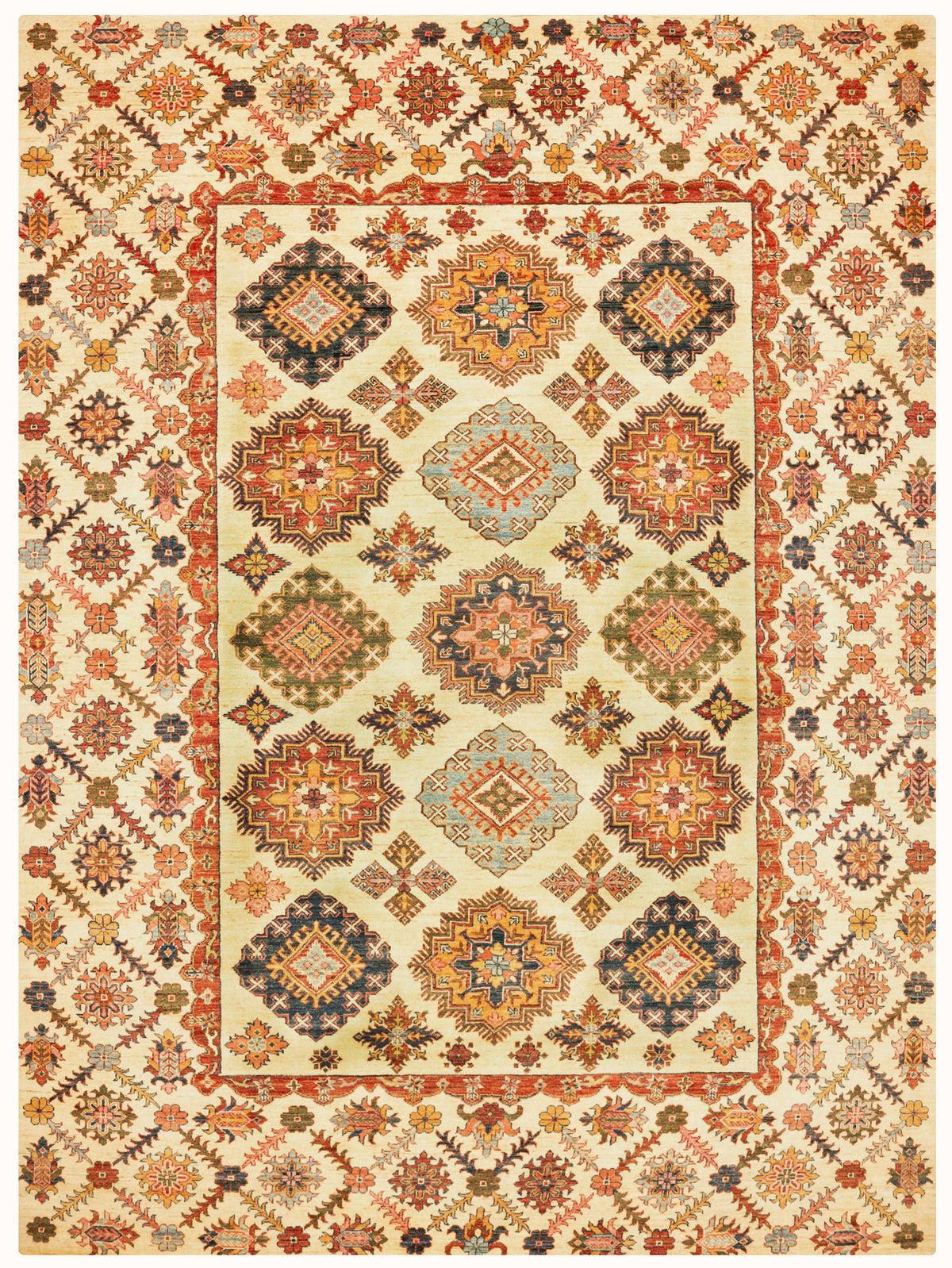 Super Kazak Hand-Knotted Wool Area Rug in Beige & Rust, 10'9 x 7'10