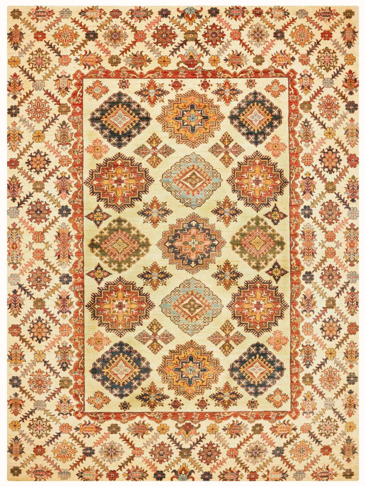 Super Kazak Hand-Knotted Wool Area Rug – Beige & Rust, 10'9" x 7'10" | Carpetery - Carpetery