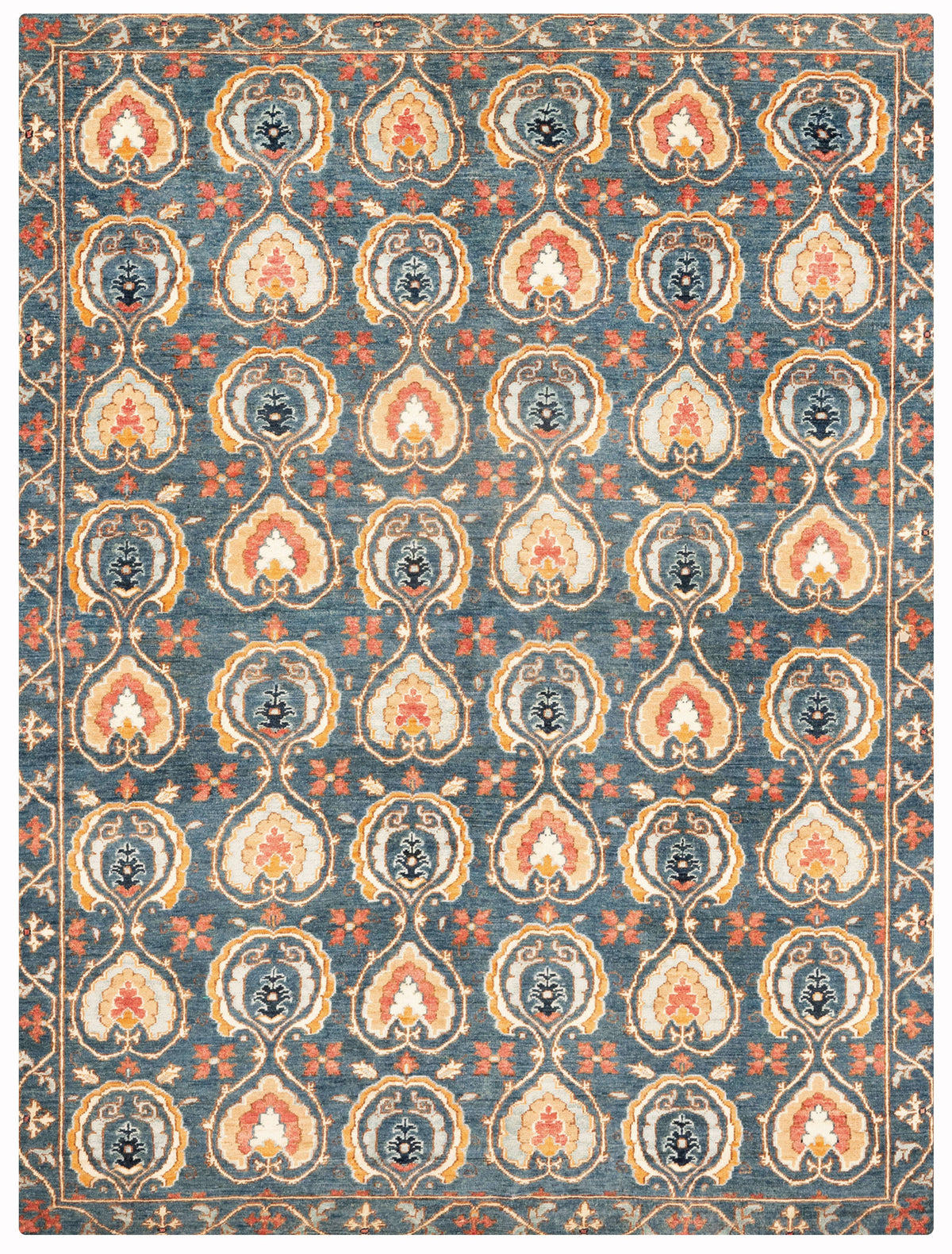 Suzani Hand-Knotted Wool Area Rug in Blue & Ivory, 7'10 x 5'7