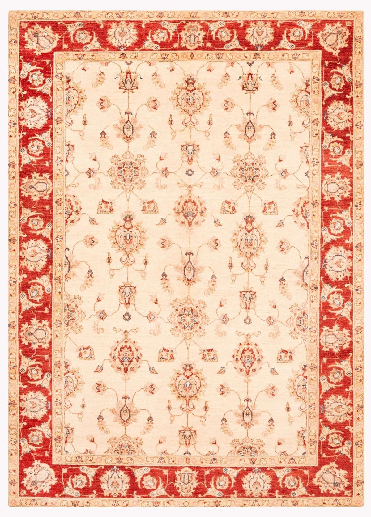 Farhan Hand-Knotted Wool Area Rug – Ivory & Red, 7'10" x 5'9" | Carpetery - Carpetery