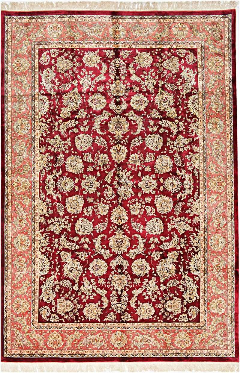 Turkish Area Rug – Red Field with All-Over Floral Design, Hand-Knotted Silk-Wool Rug, 9'8" x 6'6" | Rug 40082 - Carpetery
