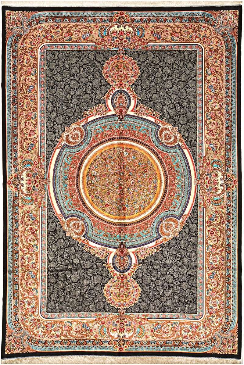 Turkish Area Rug – Black Field with Ornate Circular Medallion Design, Hand-Knotted Silk-Wool Rug, 9'7" x 6'6" | Rug 40037 - Carpetery