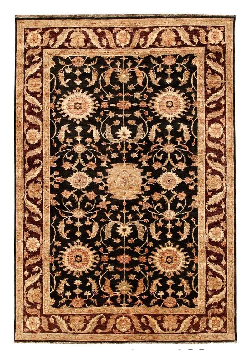 Farhan Area Rug – Black Field with All-Over Floral Palmette Design, Hand-Knotted Wool Rug, 8'8" x 6'0"| Rug 21139 - Carpetery