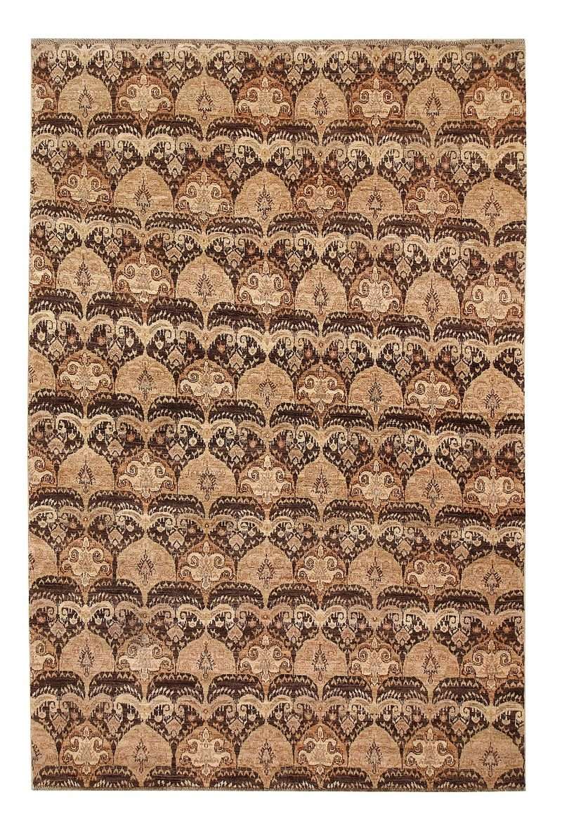Farhan Area Rug – Brown & Beige All-Over Ikat Design, Hand-Knotted Wool Rug, 8'1" x 5'5" | Rug 21138 - Carpetery