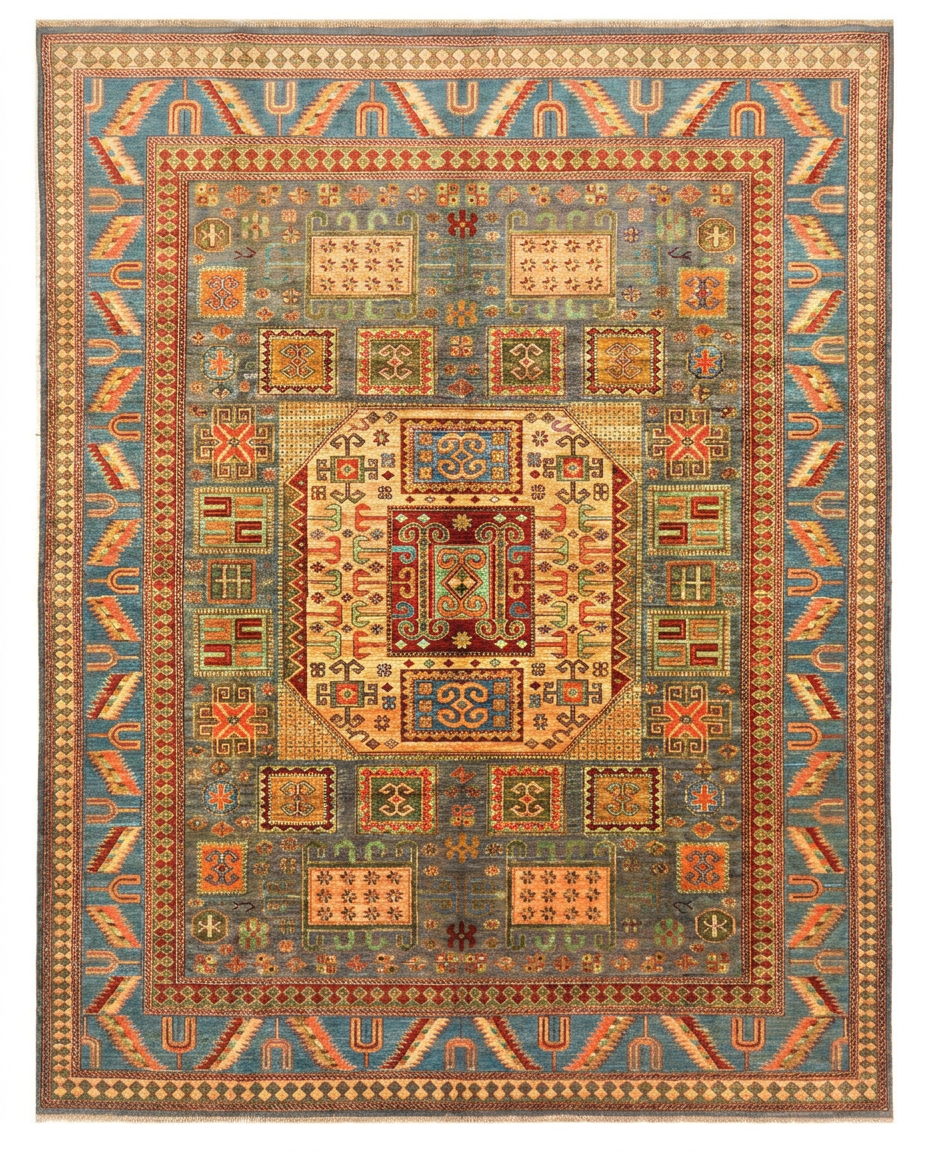 Super Kazak Area Rug – Blue Field with Bold Octagonal Medallion, Hand-Knotted Wool, 13'6" x 9'11" (412 x 303 cm) | Rug #38100