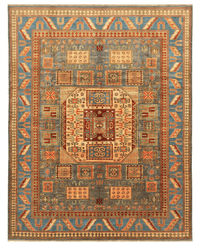 Super Kazak Area Rug – Blue Field with Bold Octagonal Medallion, Hand-Knotted Wool, 13'6" x 9'11" (412 x 303 cm) | Rug 38100 - Carpetery