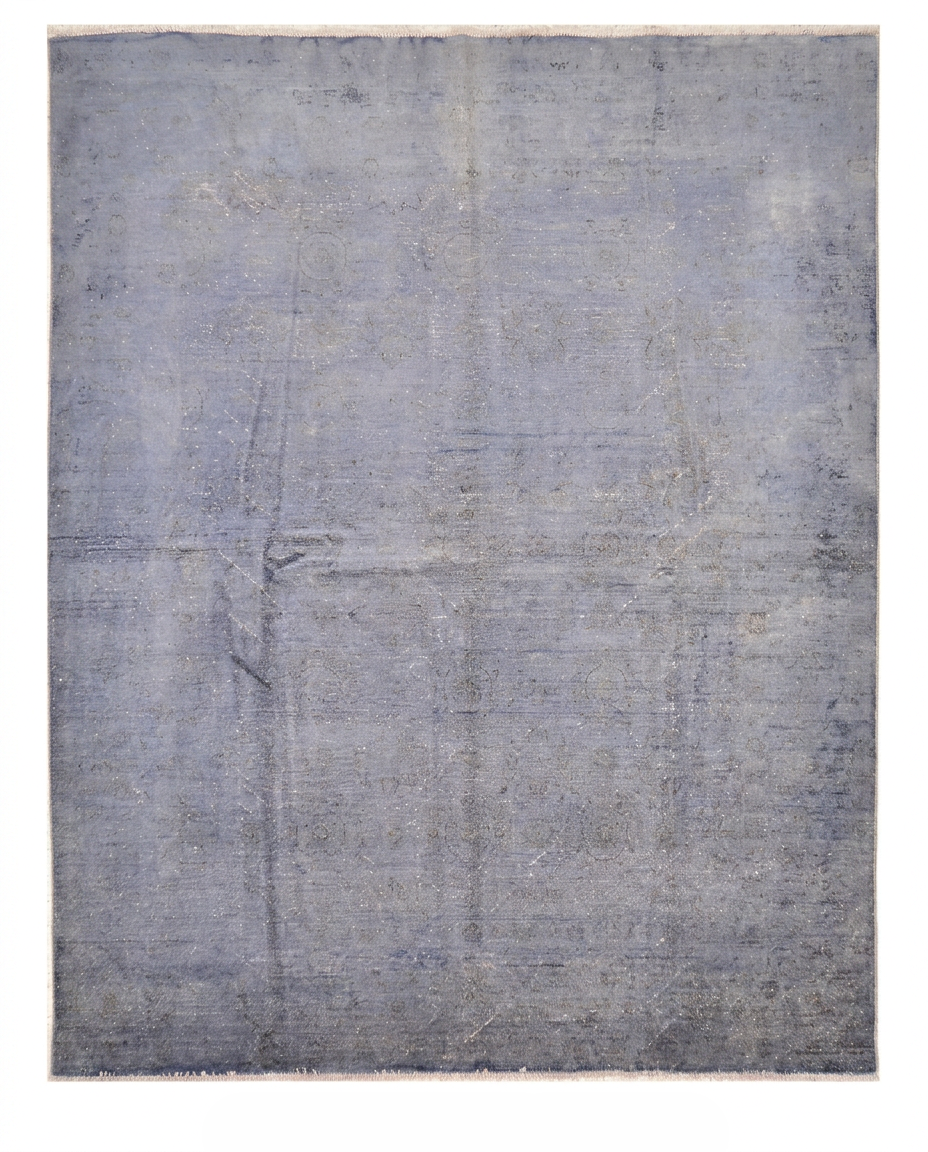 Steel blue over-dyed hand-knotted wool area rug, 9'9 x 7'7 - top-down view