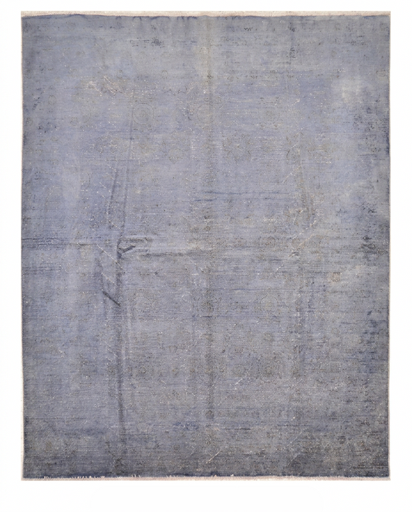 Steel blue over-dyed hand-knotted wool area rug, 9'9 x 7'7 - top-down view