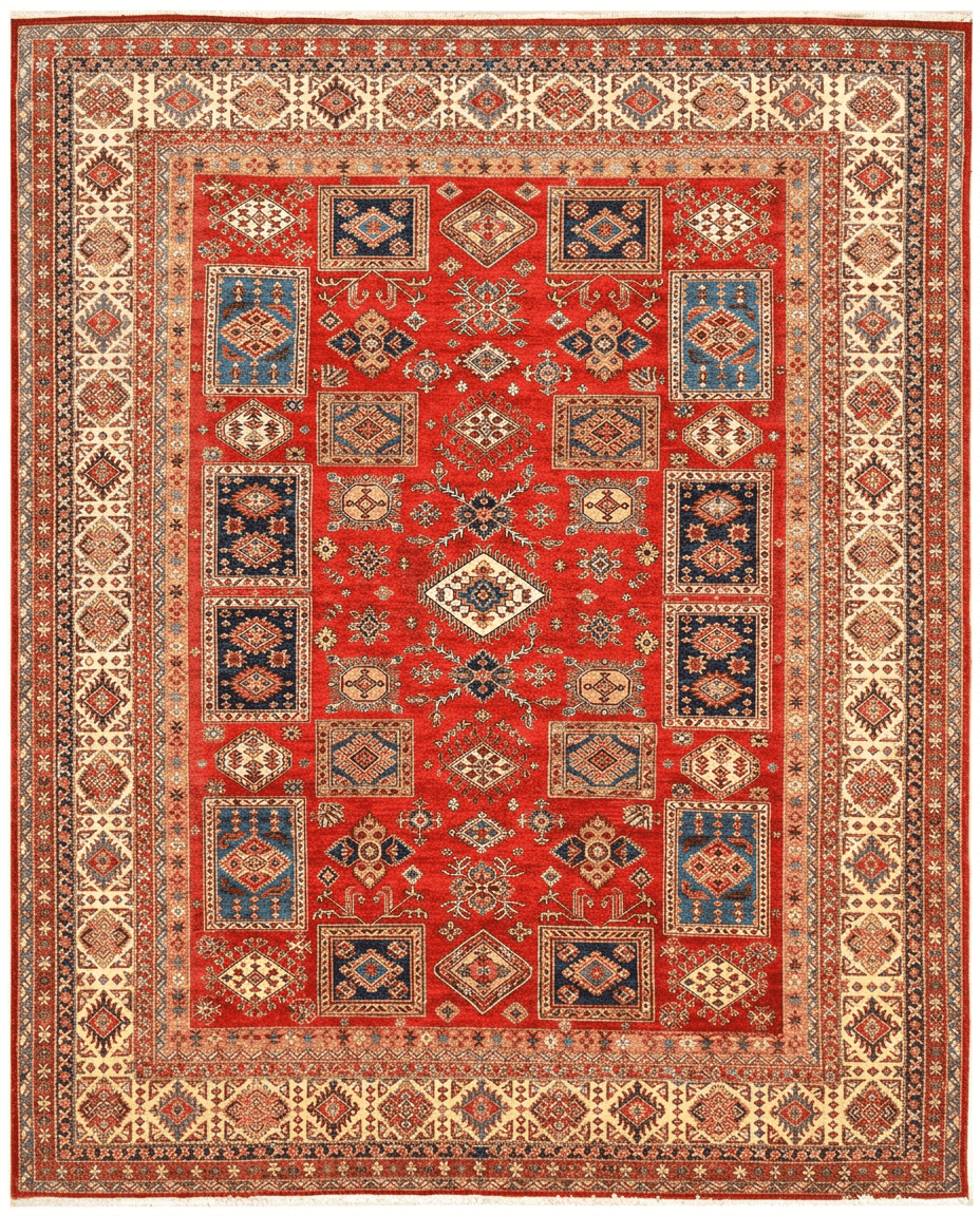 Kazak Area Rug – Bold Red Field with Tribal Diamond Medallion, Hand-Knotted Wool, 13'1" x 9'9" (400 x 298 cm) | Rug 38387 - Carpetery