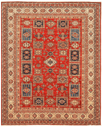 Kazak Area Rug – Bold Red Field with Tribal Diamond Medallion, Hand-Knotted Wool, 13'1" x 9'9" (400 x 298 cm) | Rug 38387 - Carpetery
