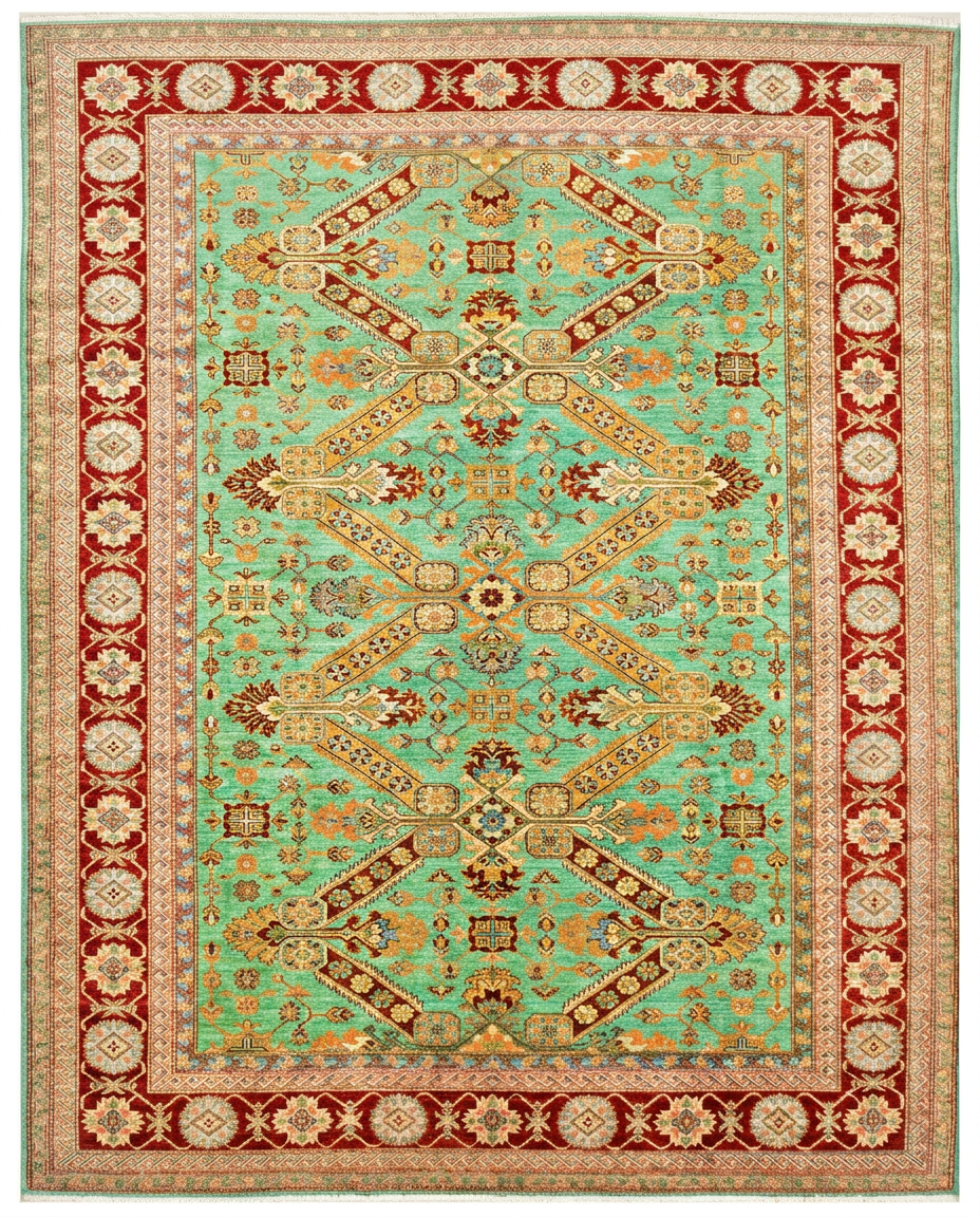 Super Kazak hand-knotted wool area rug in mint green, red and gold-ivory, 12'6 x 9'1 - top-down view