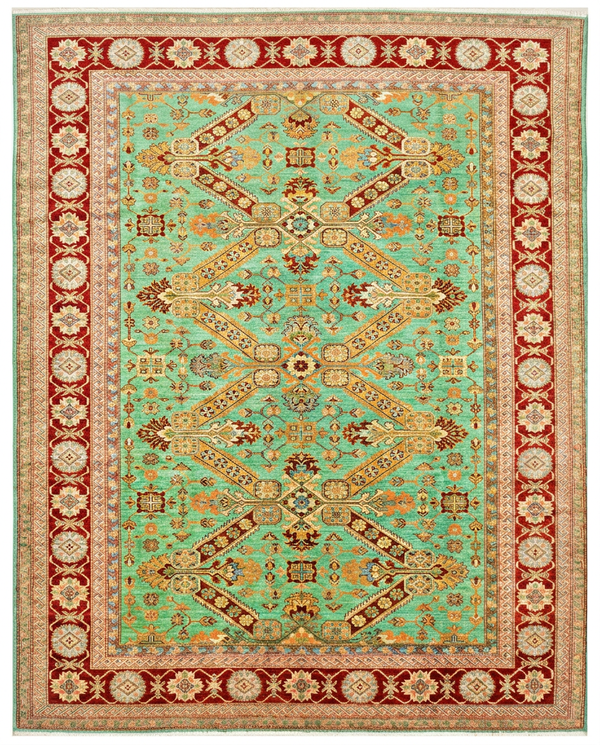 Super Kazak hand-knotted wool area rug in mint green, red and gold-ivory, 12'6 x 9'1 - top-down view