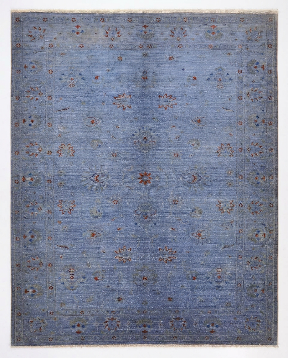 Cornflower blue over-dyed hand-knotted wool area rug, 8'11 x 6'2 - top-down view